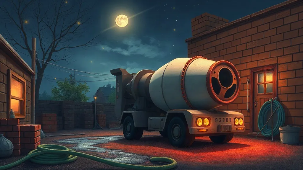 A cement mixer truck resting in a quiet yard beside a hose and bricks under a full moon