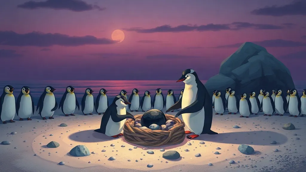 Two penguins beside a nest of stones on a pebbly beach, one placing a round black stone in it