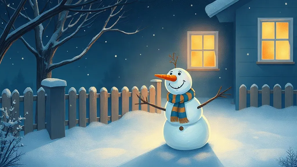 A smiling snowman in a striped scarf standing in a snowy yard under the stars, a warm window behind him