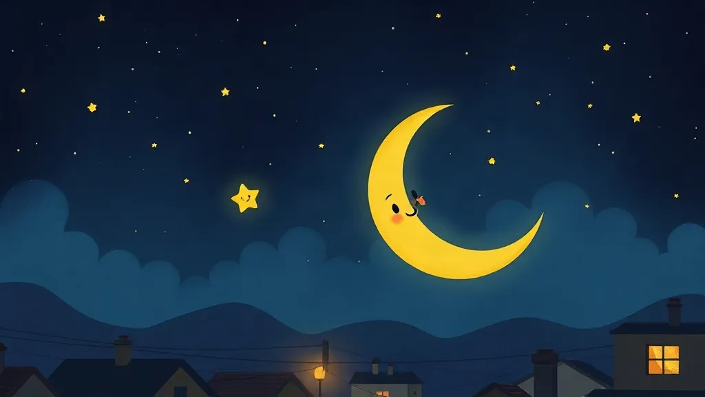 A little smiling star beside a sleepy crescent moon above a quiet town