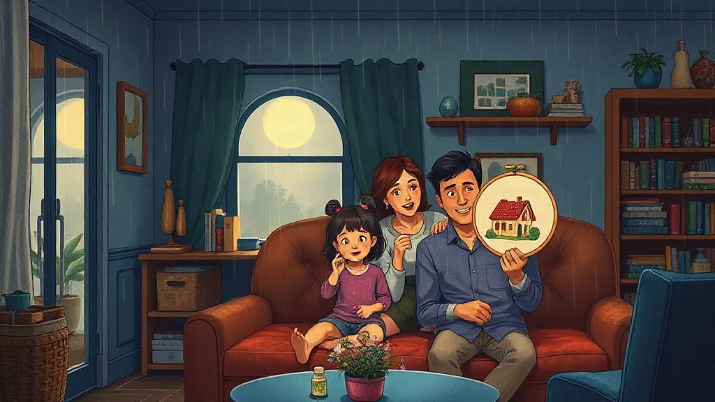A family on a sofa holding up an embroidery hoop with a stitched house on it