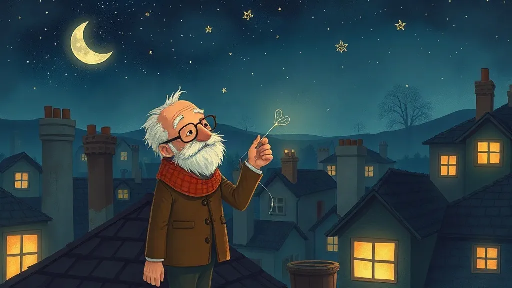 An old tailor with glasses and a scarf on a rooftop, holding up a shining thread toward the stars