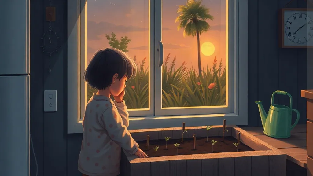 A child in pajamas looking at tiny seedlings in a wooden window box, with a green watering can nearby