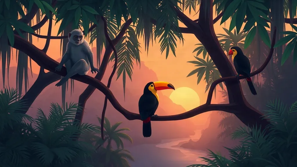 A toucan on a branch at sunset in the rainforest canopy, with a monkey and a parrot settling down