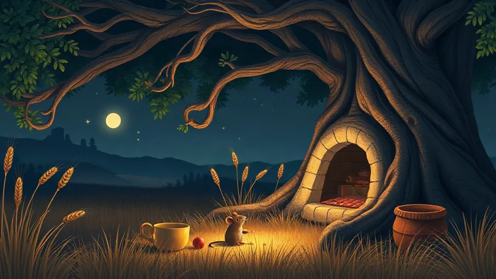 A little brown mouse outside her cozy home under the roots of an oak tree, with wheat, a cup and a berry under the moon
