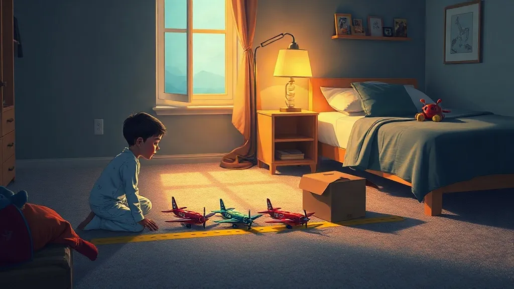 A boy kneeling on his bedroom floor beside a row of toy planes on a taped runway