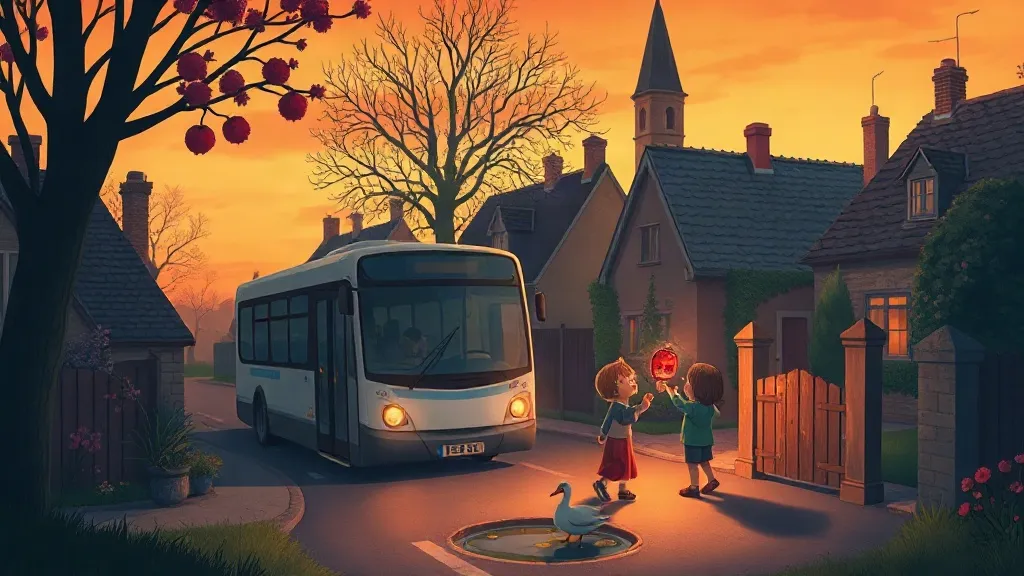 A small white bus on a village lane at sunset as two children release a ladybug at a garden gate