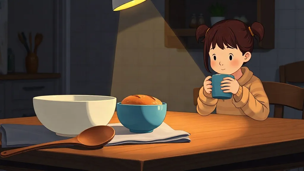 A wooden spoon in front of a white bowl and a blue bowl on a kitchen table while a girl drinks from a mug