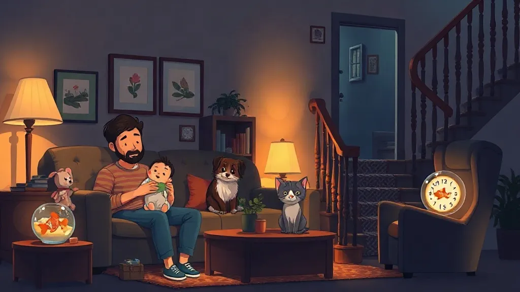 A dad holding a baby on the sofa, with a dog, a cat and a goldfish bowl in a lamplit living room