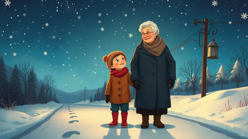 A boy in red boots and his grandmother standing hand in hand on a snowy lane, looking up at the stars