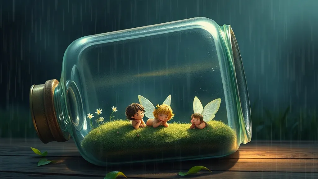 Three tiny fairies resting on moss inside a glass jar on its side while rain falls outside