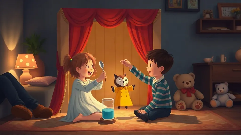 A girl holding a spoon by a glass and a boy holding up an owl puppet in a yellow coat in front of red curtains, with teddy bears watching