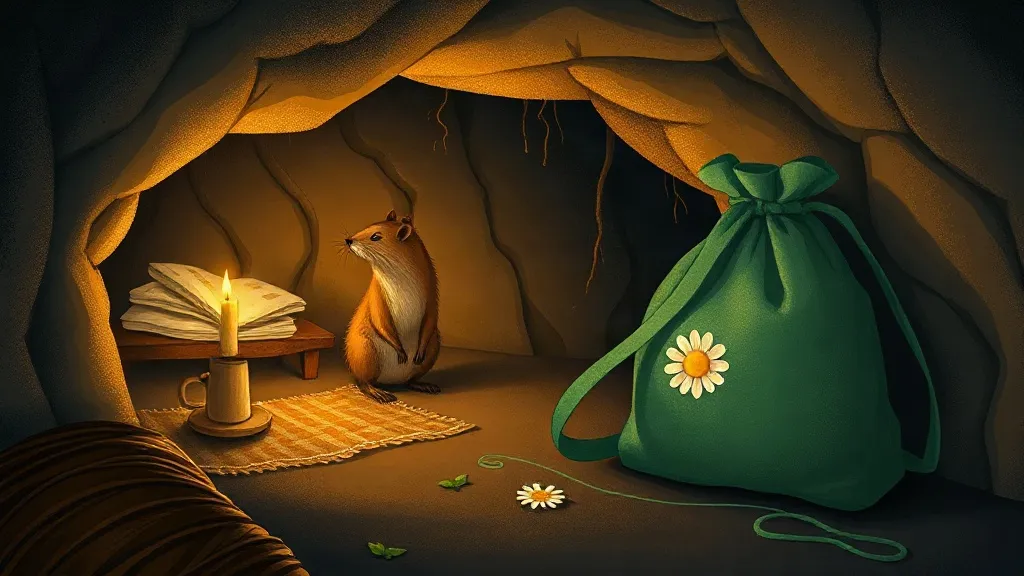 A mole by candlelight in his burrow beside a green bag with a daisy on it
