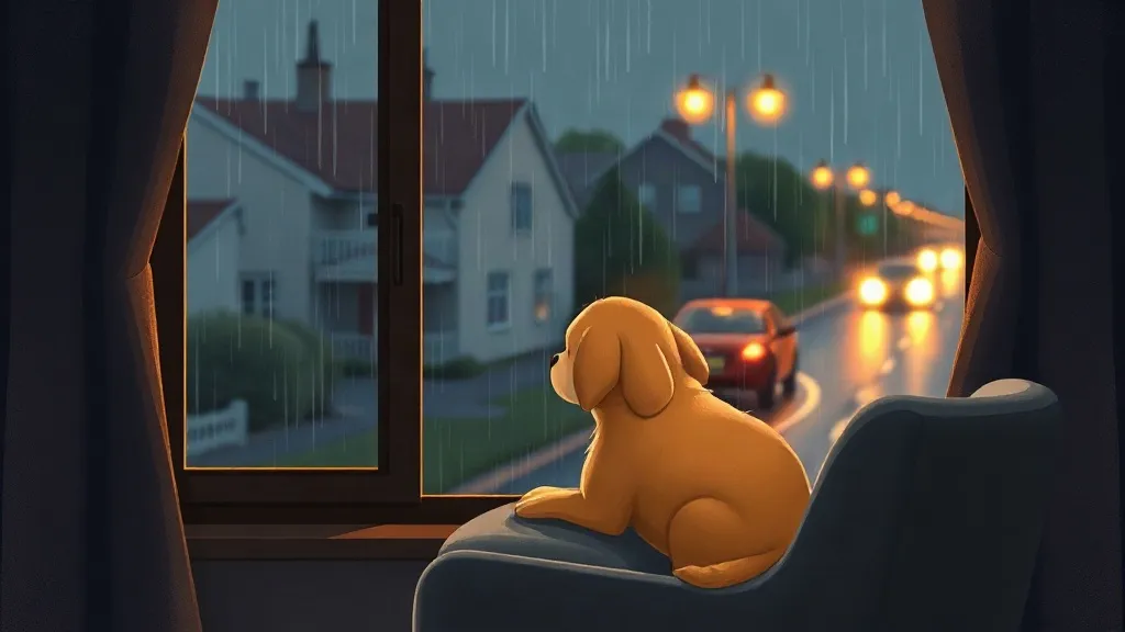 A golden dog on a window seat watching car headlights come up a rainy street