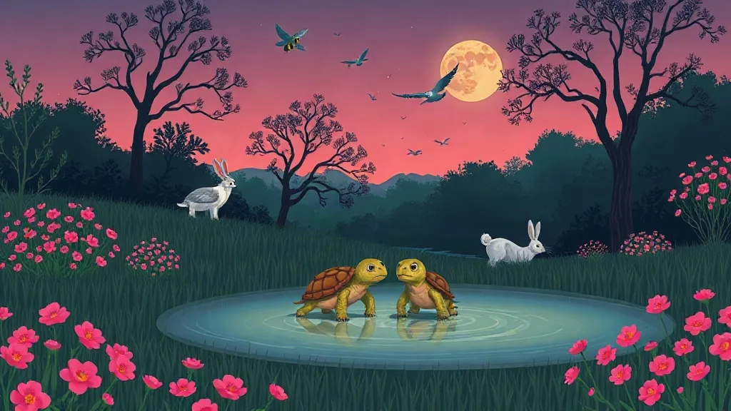 Two small turtles touching noses at the edge of a pond, with pink flowers and rabbits around them