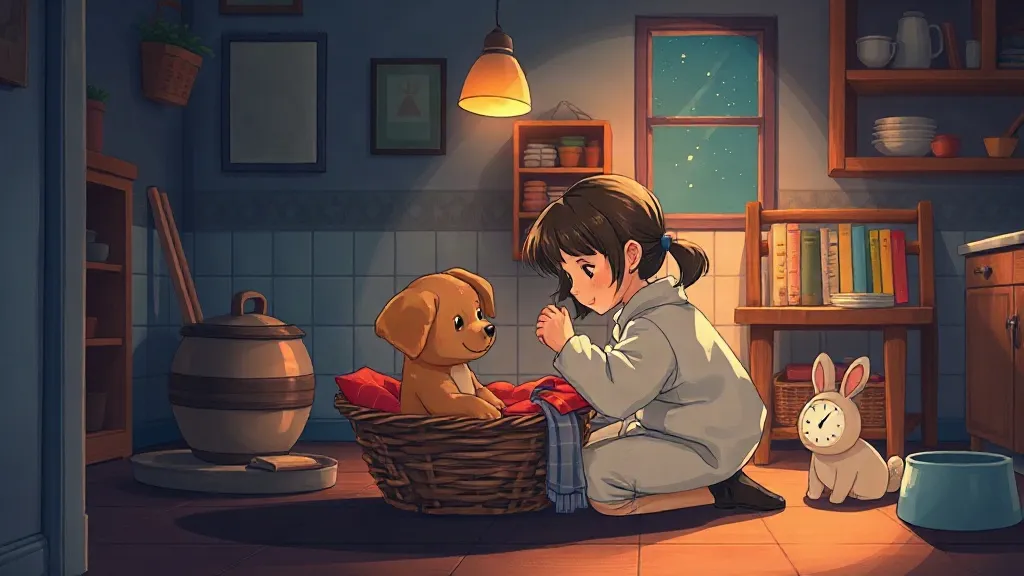 A girl kneeling beside a brown puppy in a basket, with a toy rabbit and a little clock beside him