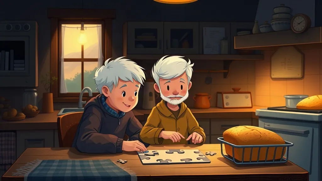 A boy and his grandfather doing a jigsaw puzzle at the kitchen table while a loaf of bread cools