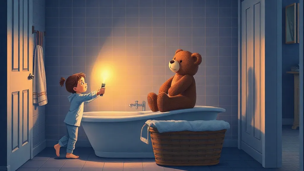 A little girl with a flashlight finding a big teddy bear sitting on the laundry basket in the bathroom