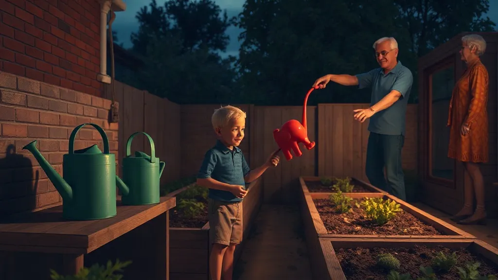 A boy and two older neighbors in a garden at dusk, with green watering cans on a shelf and a red watering can shaped like an elephant