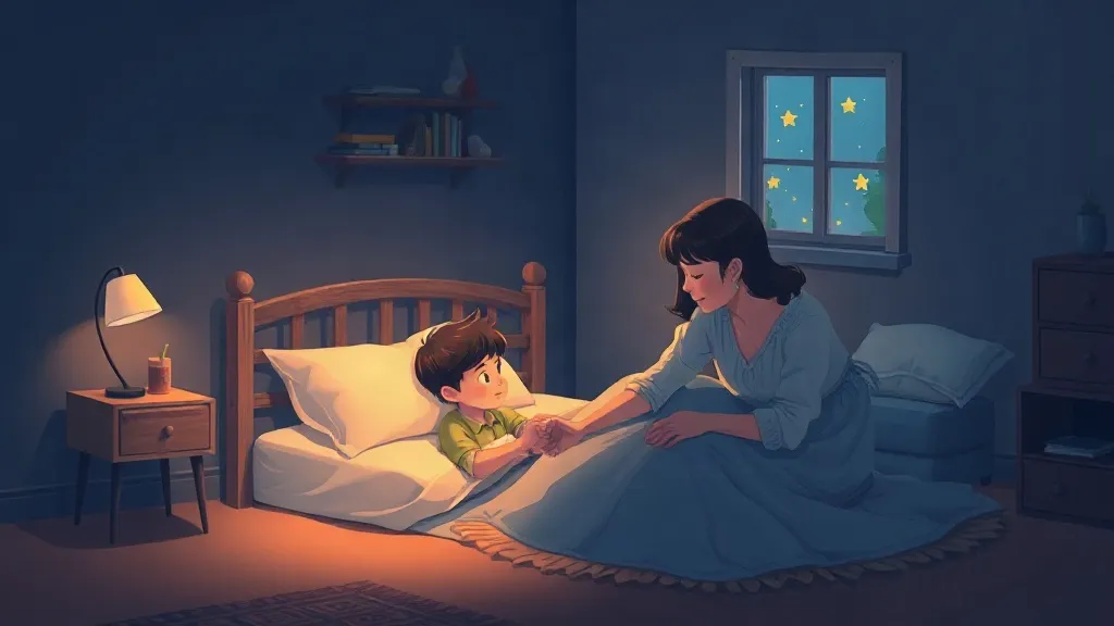A mom kneeling beside her son's bed holding his hand in a softly lit bedroom