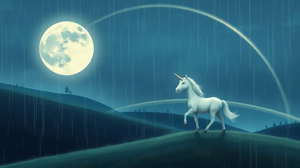 A white unicorn on a hill in soft rain, with a pale moonbow arching across the sky
