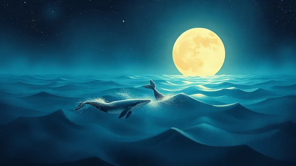 A whale swimming through moonlit waves beneath a full moon